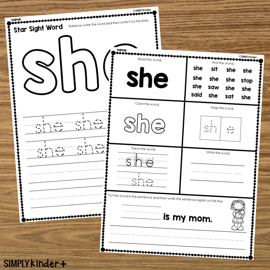 She Sight Word Printable Activities Simply Kinder Plus