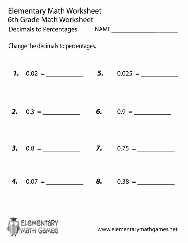 Sixth Grade Decimals To Percentages Worksheet