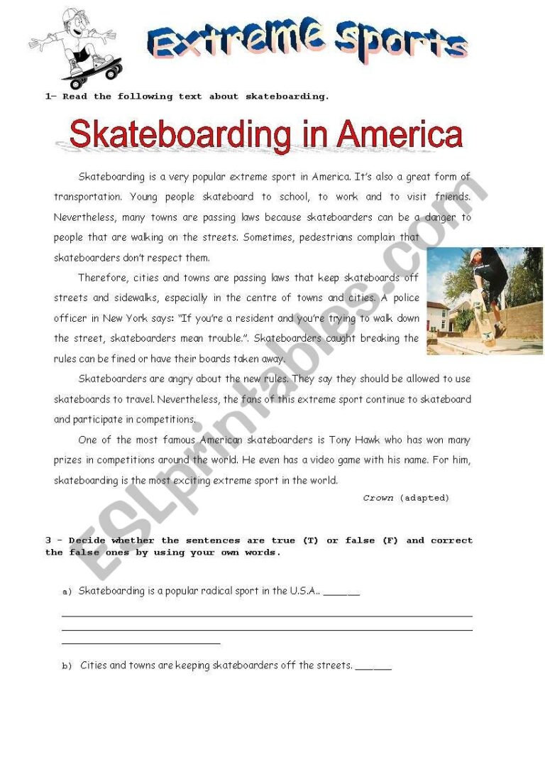 Skateboarding reading Comprehension ESL Worksheet By Claucosta