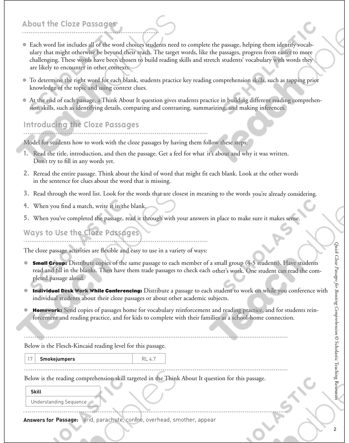 Smokejumpers Quick Cloze Passage Printable Lesson Plans And 