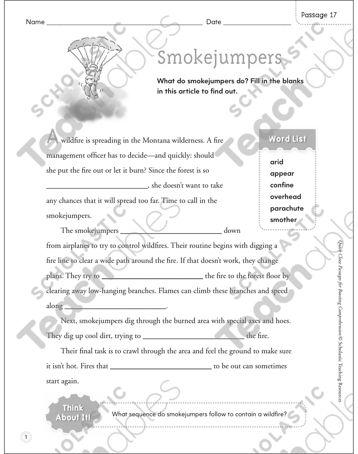 Smokejumpers Quick Cloze Passage Printable Lesson Plans And 