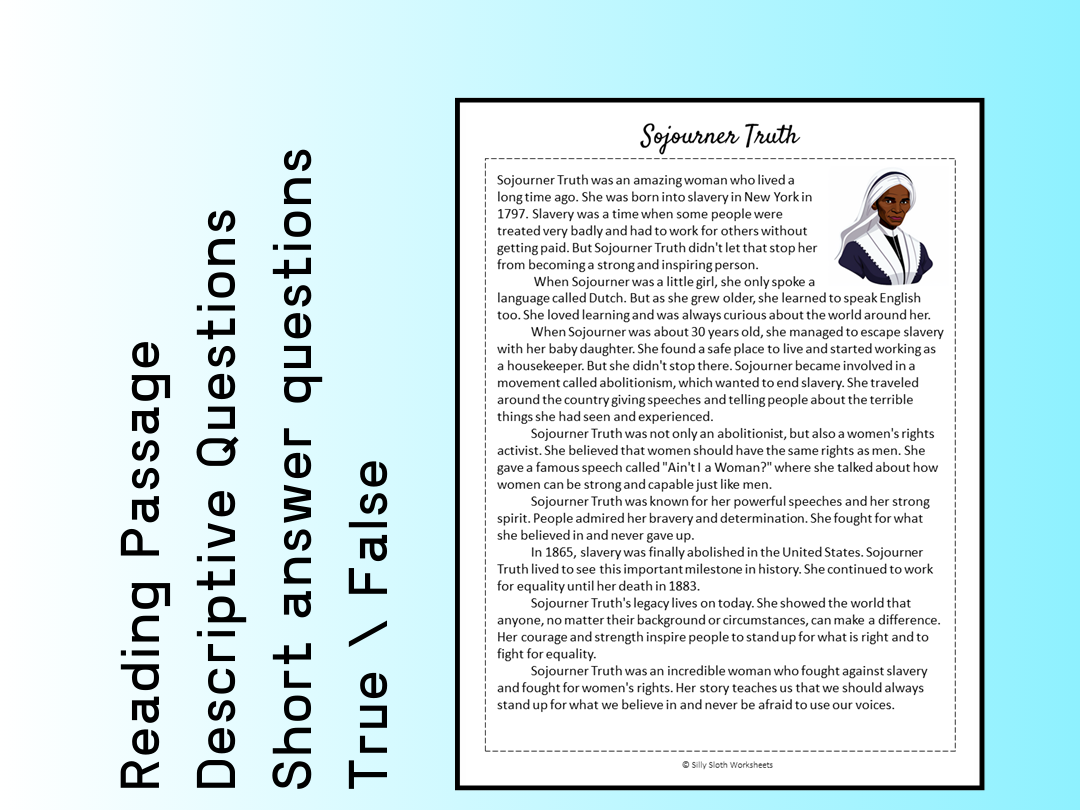 Sojourner Truth Biography Reading Comprehension Passage Printable Worksheet PDF Teaching Resources