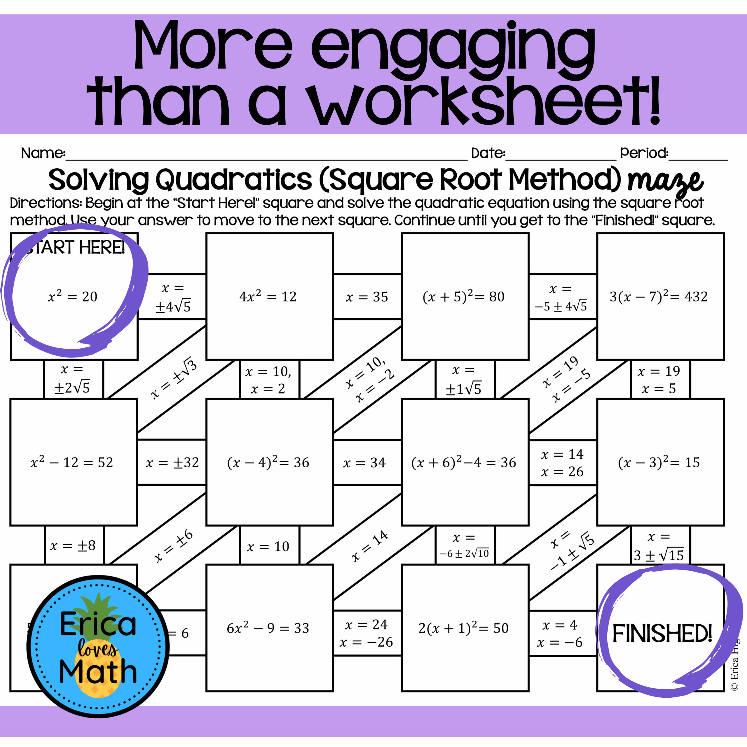 Solving Quadratic Equations By Square Root Method Activity Maze Classful Solving Quadratic Equations By Square Root Method Activity Maze Classful