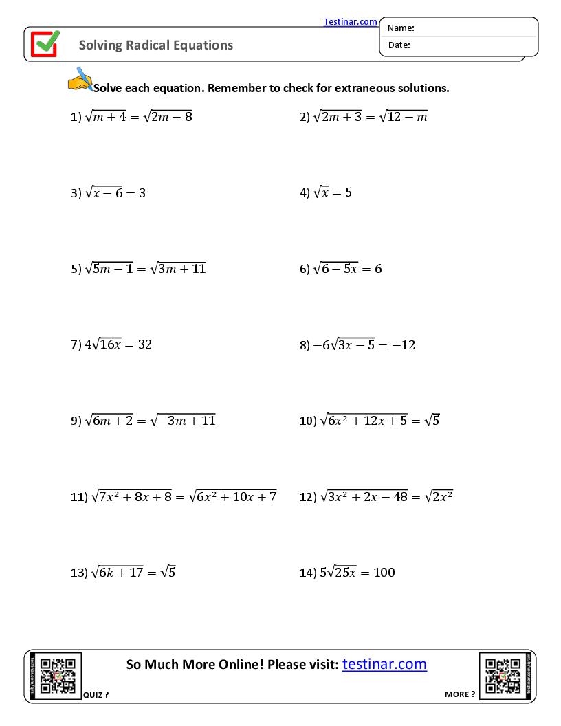 Solving Radical Equations Worksheets Worksheets Library