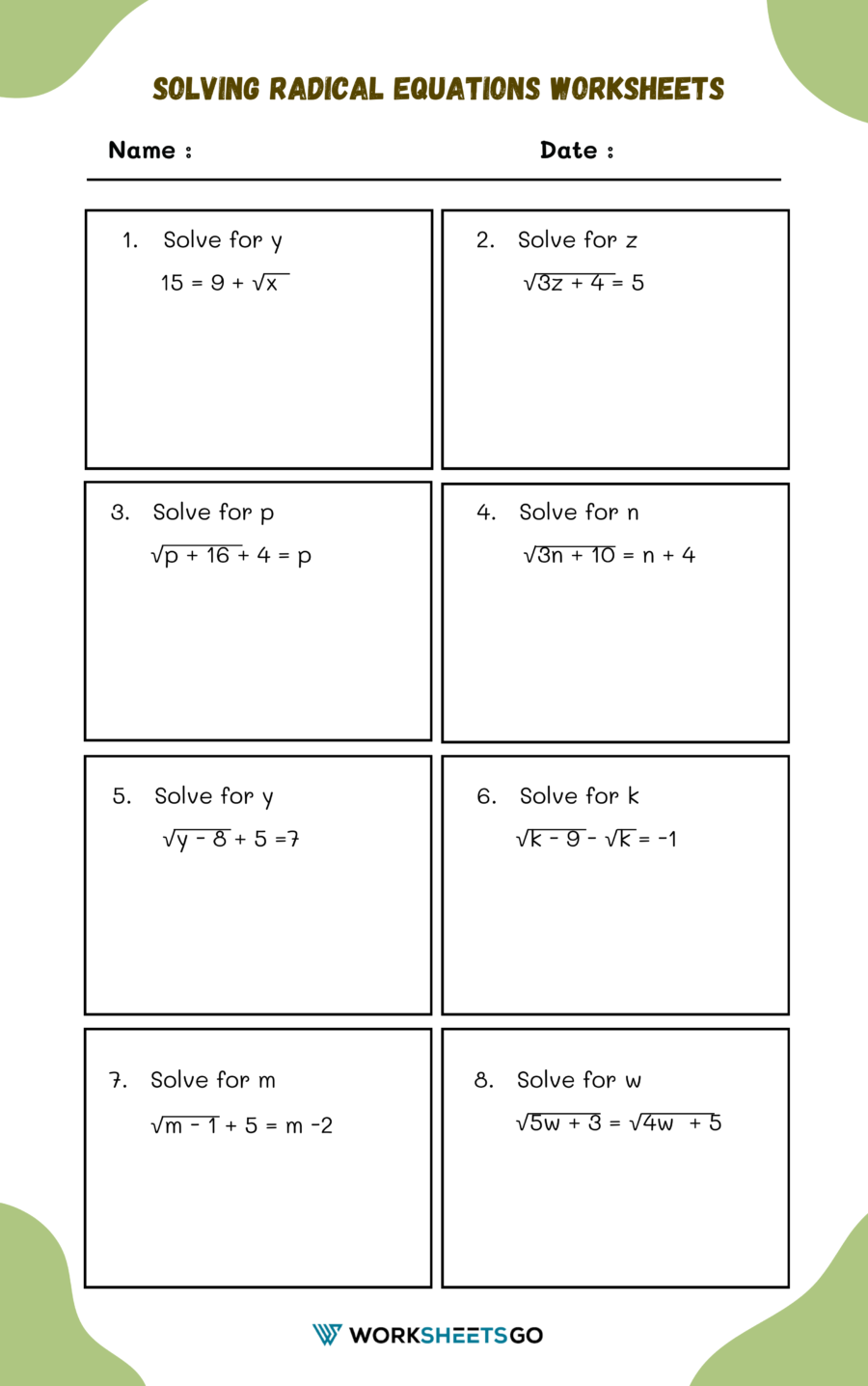 Free Printable Radical Equations Worksheets