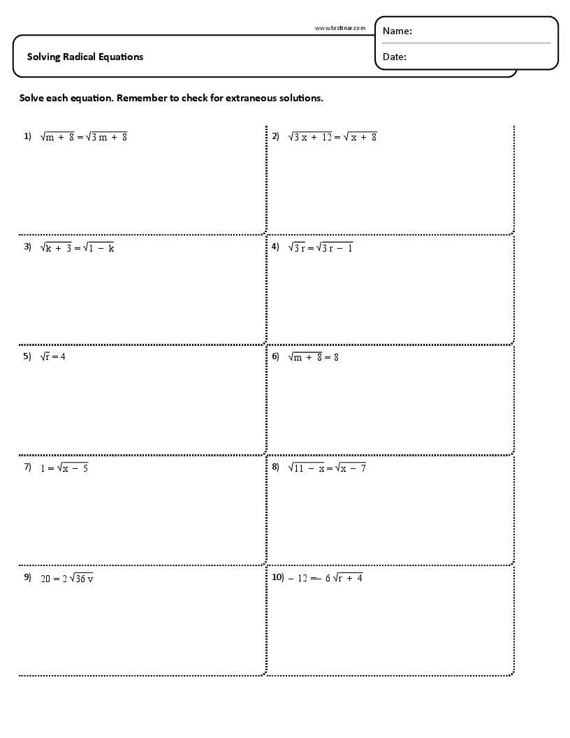 Solving Radical Equations Worksheets