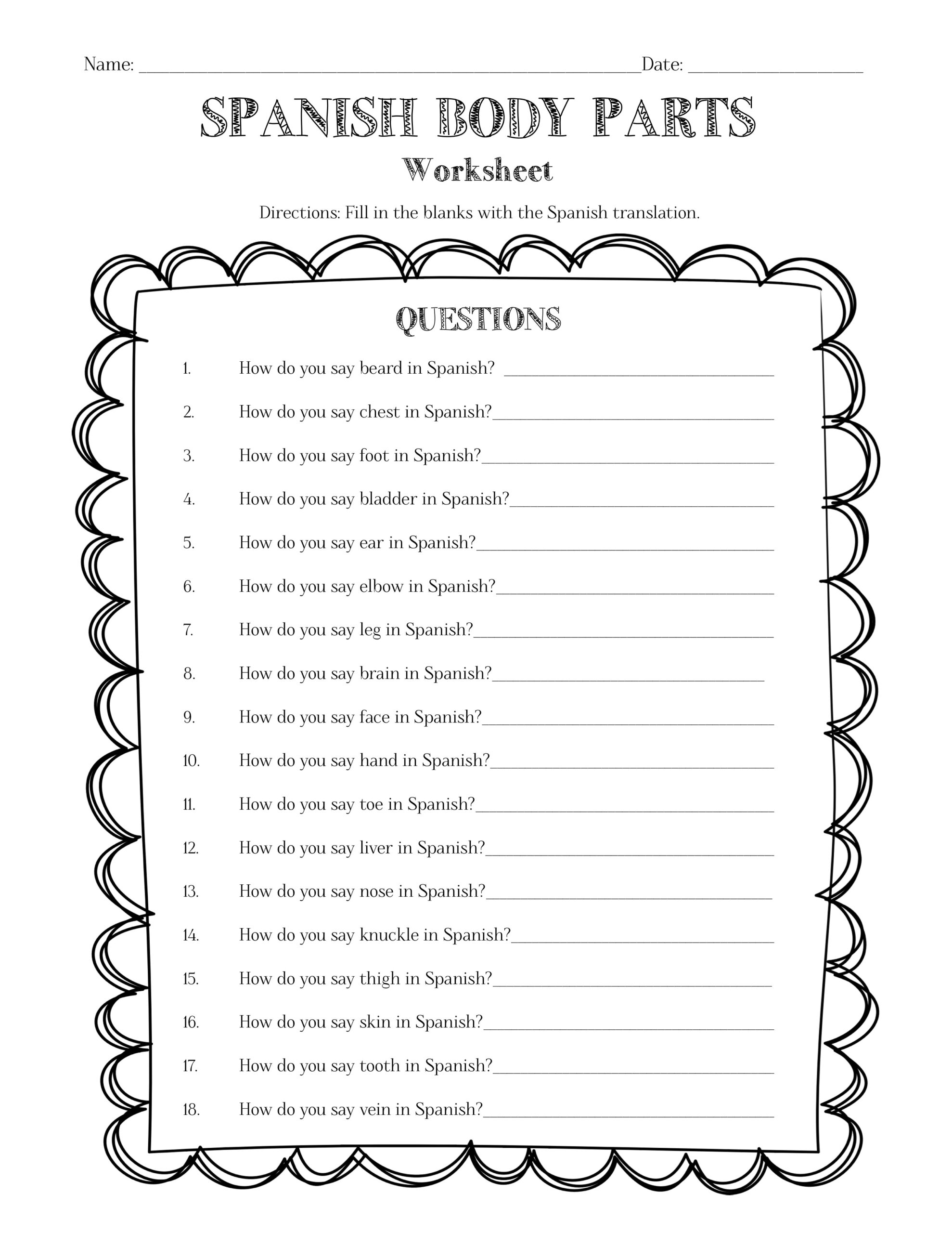 Spanish Body Parts Information Sheet Worksheet And Answer Key Worksheets Library