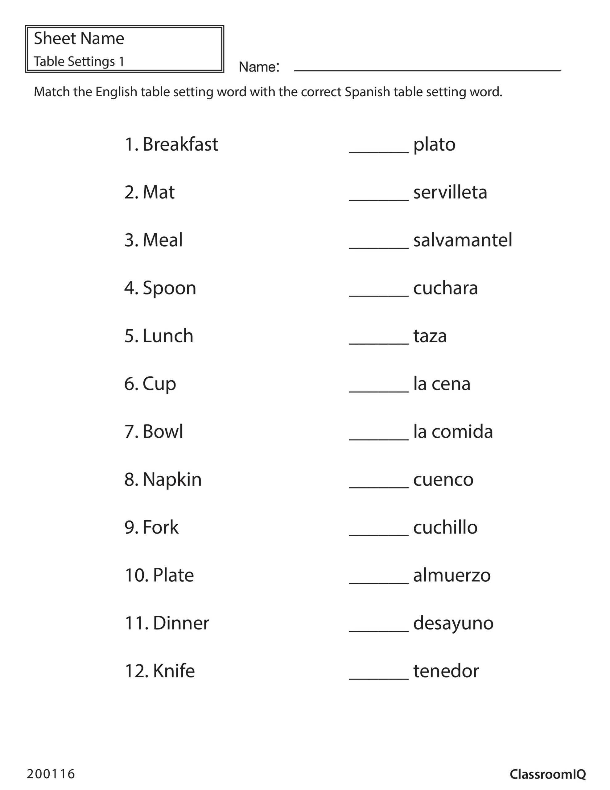 Spanish To English Word Number Matching Worksheet Miniature Worksheets Library Spanish To English Word Number Matching Worksheet Miniature Worksheets Library