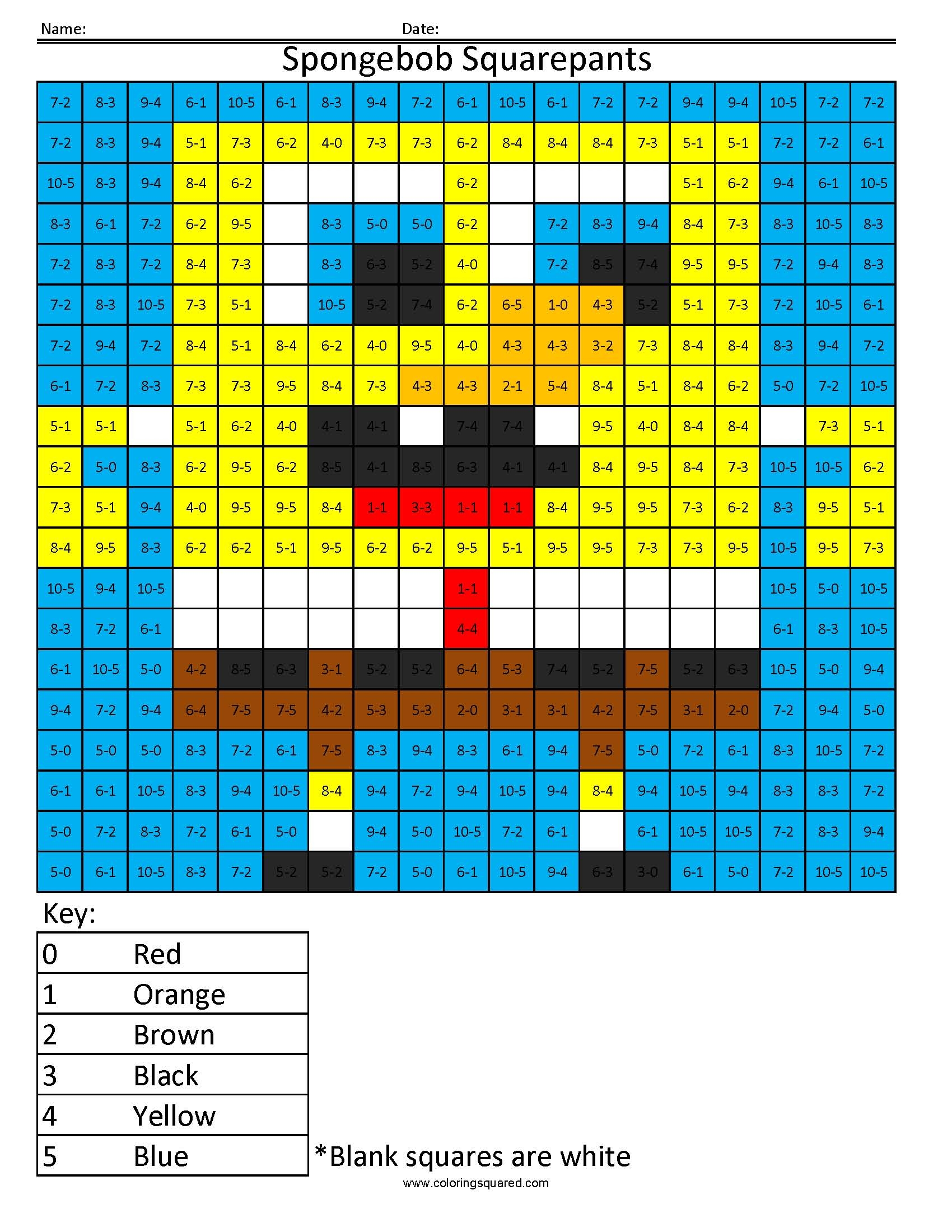 Spongebob Squarepants Basic Subtraction Coloring Squared