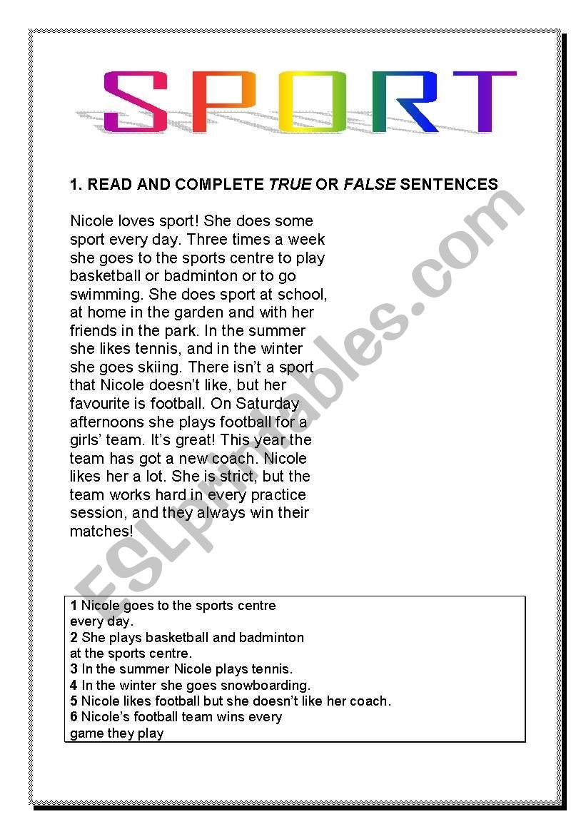 SPORT READING COMPREHENSION ESL Worksheet By Lorenc