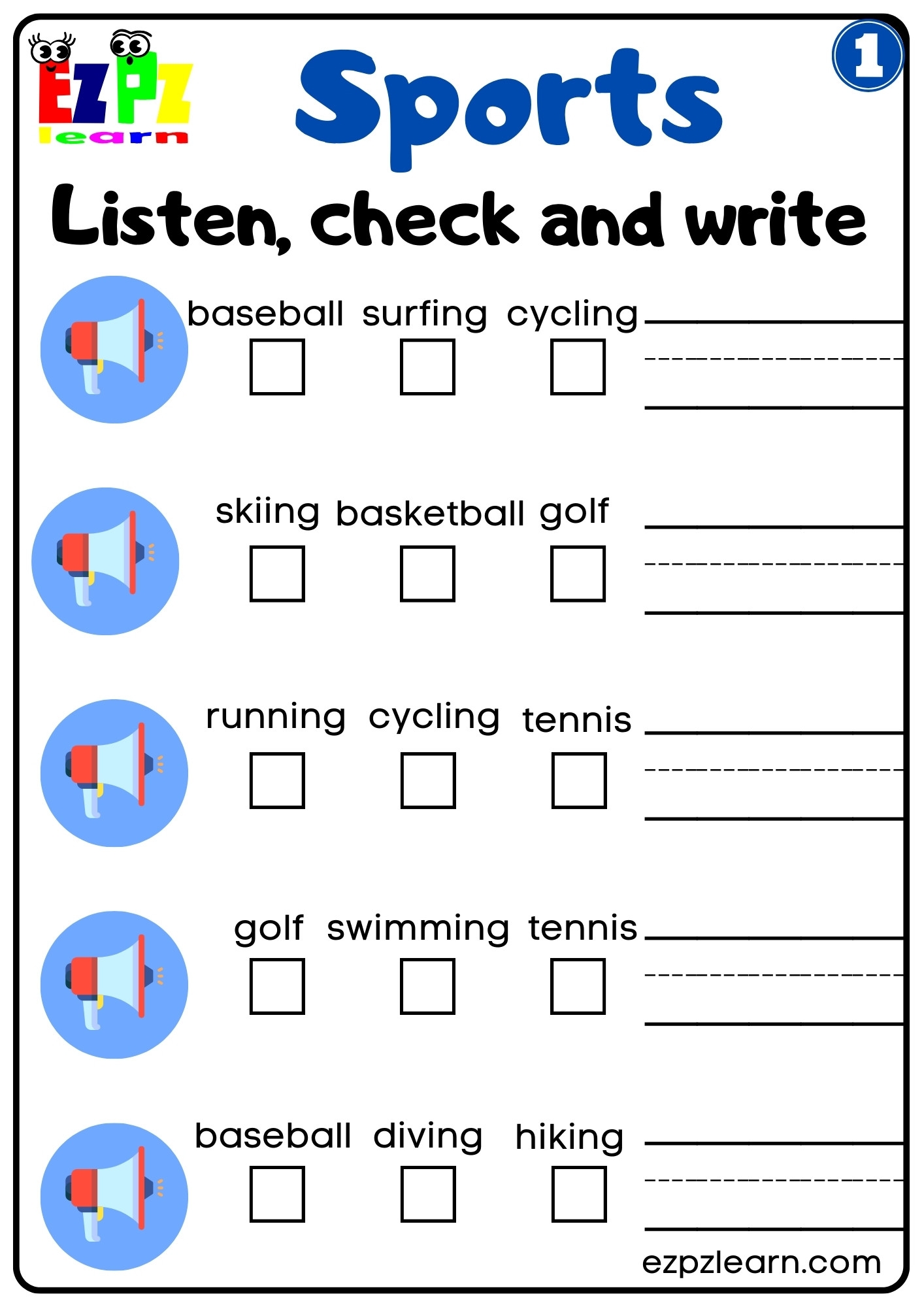 Sports Interactive Worksheet Listen Check And Write The Words Activity For Kids K3 And ESL Students G1 Ezpzlearn