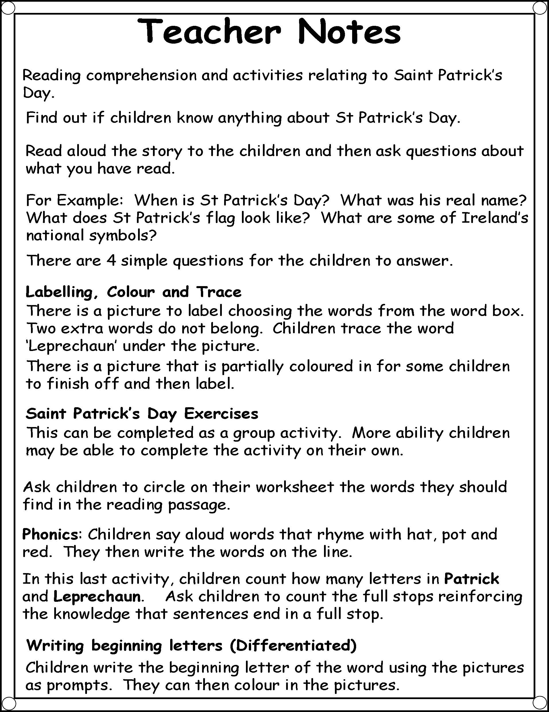 St Patricks Day Reading Comprehension Activities Puzzles Early 