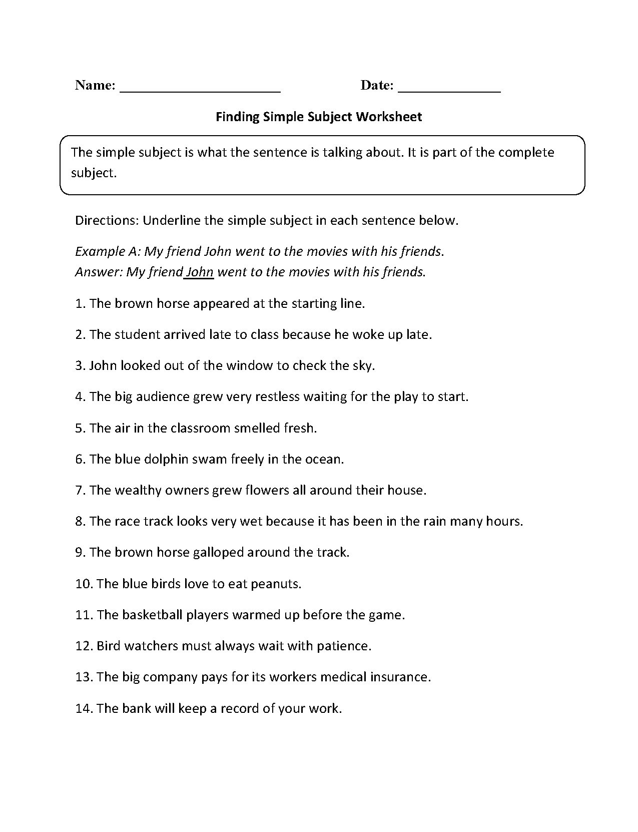 Subject And Predicate Worksheets Finding Simple Subject Worksheet Subject And Predicate Worksheets Finding Simple Subject Worksheet