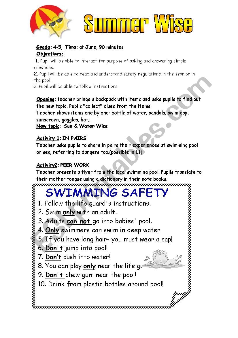 Summer Safety ESL Worksheet By Schulzi