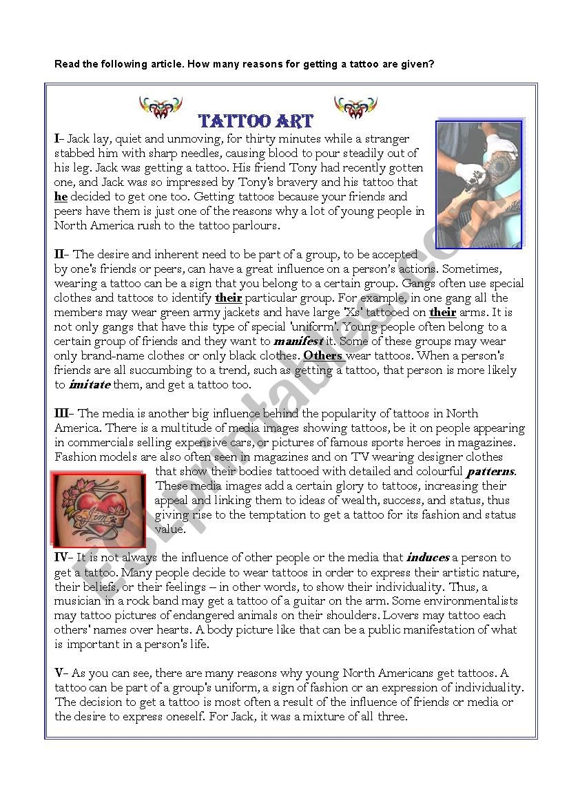 Tattoos Reading Comprehension Article ESL Worksheet By Dzheleva