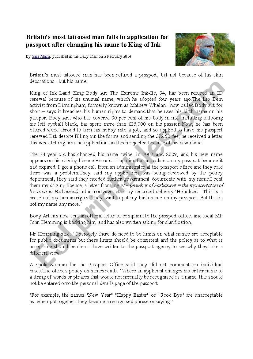 Tattoos Reading Comprehension Extension Reading And Discussion ESL Worksheet By Dzheleva