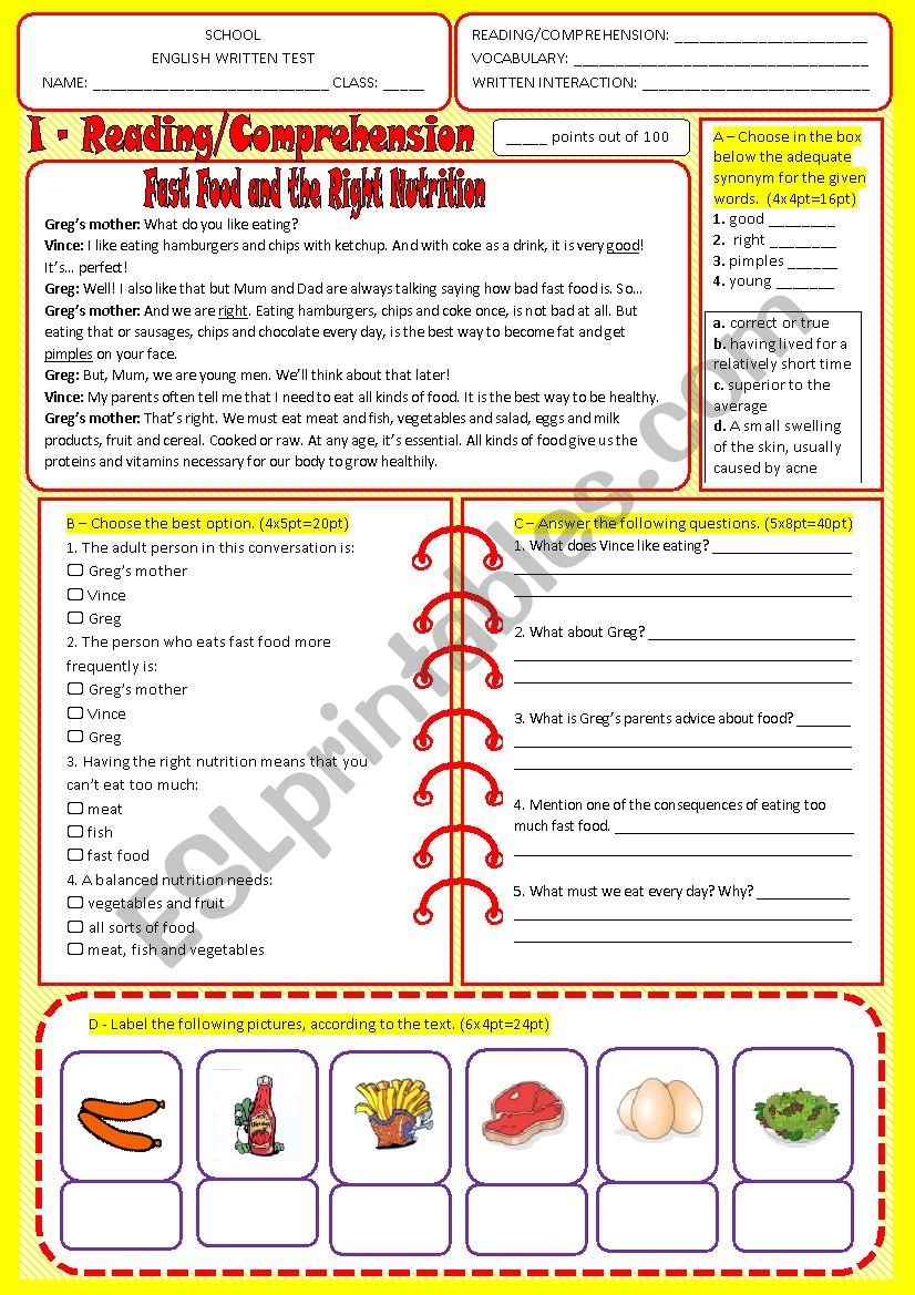 Nutrition Reading Comprehension Worksheets