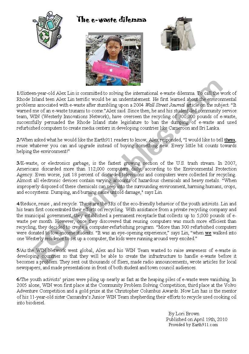 Garbage Reading Comprehension Worksheet