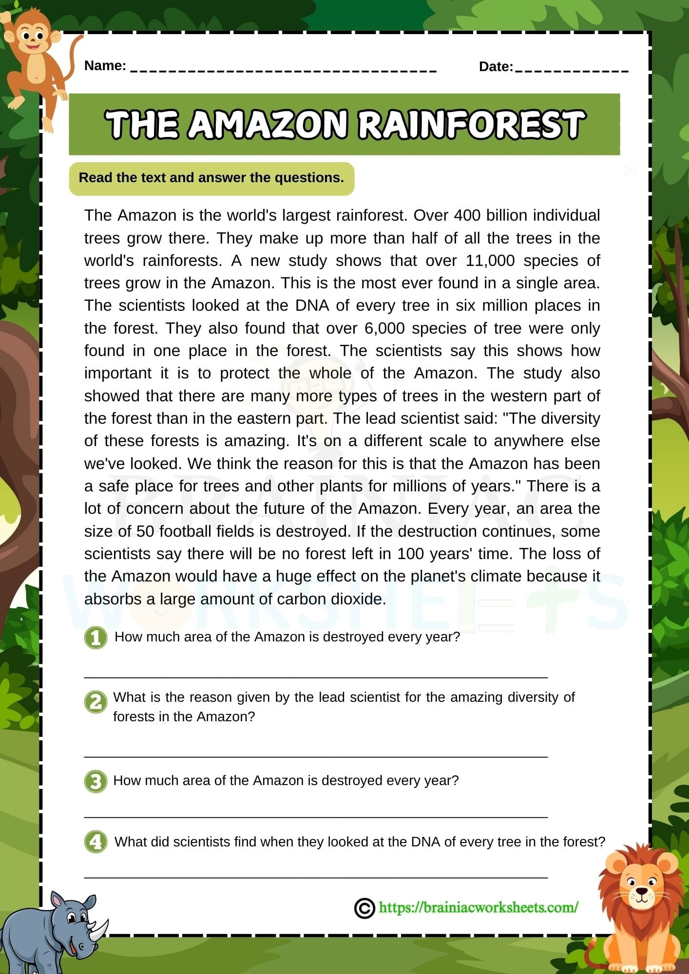 The Amazon Rainforest Reading Comprehension English Worksheet For Class 5 Brainiac Worksheets