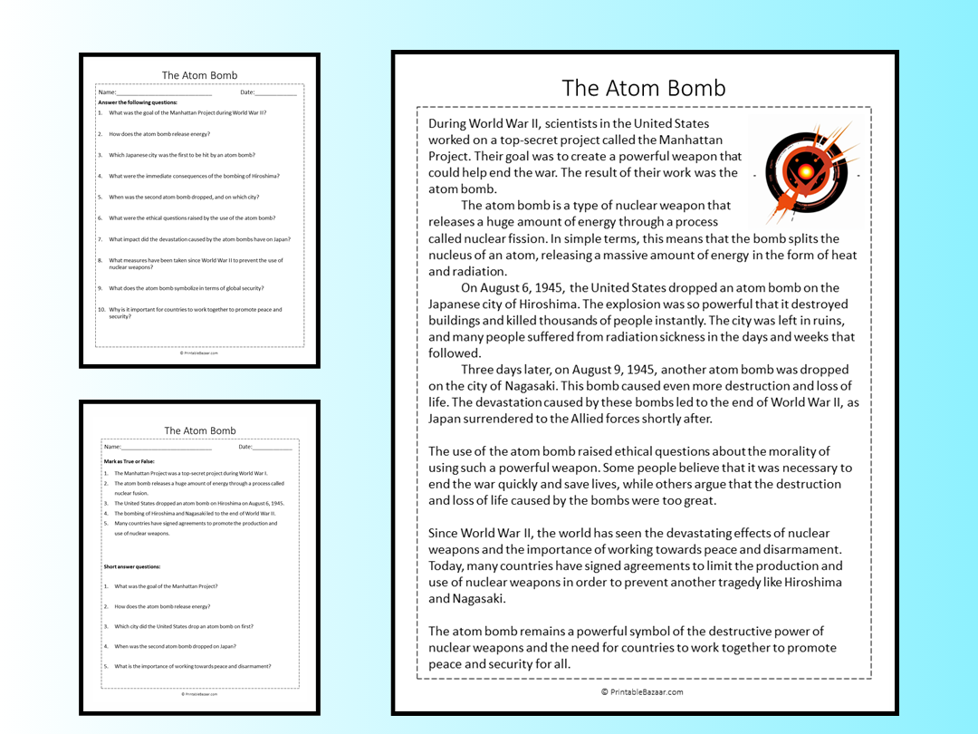 The Atom Bomb Reading Comprehension Passage Printable Worksheet The Atom Bomb Reading Comprehension Passage Printable Worksheet