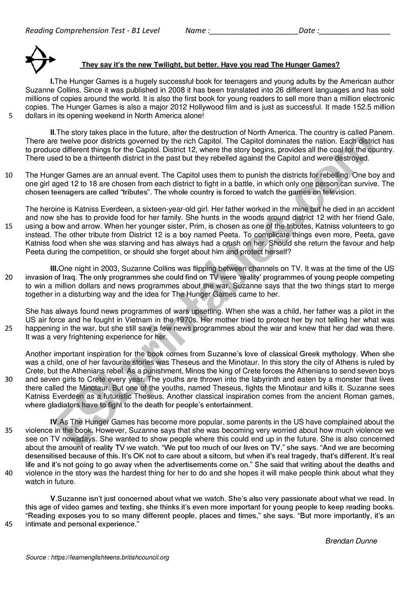 Reading Comprehension Worksheets B1 Level