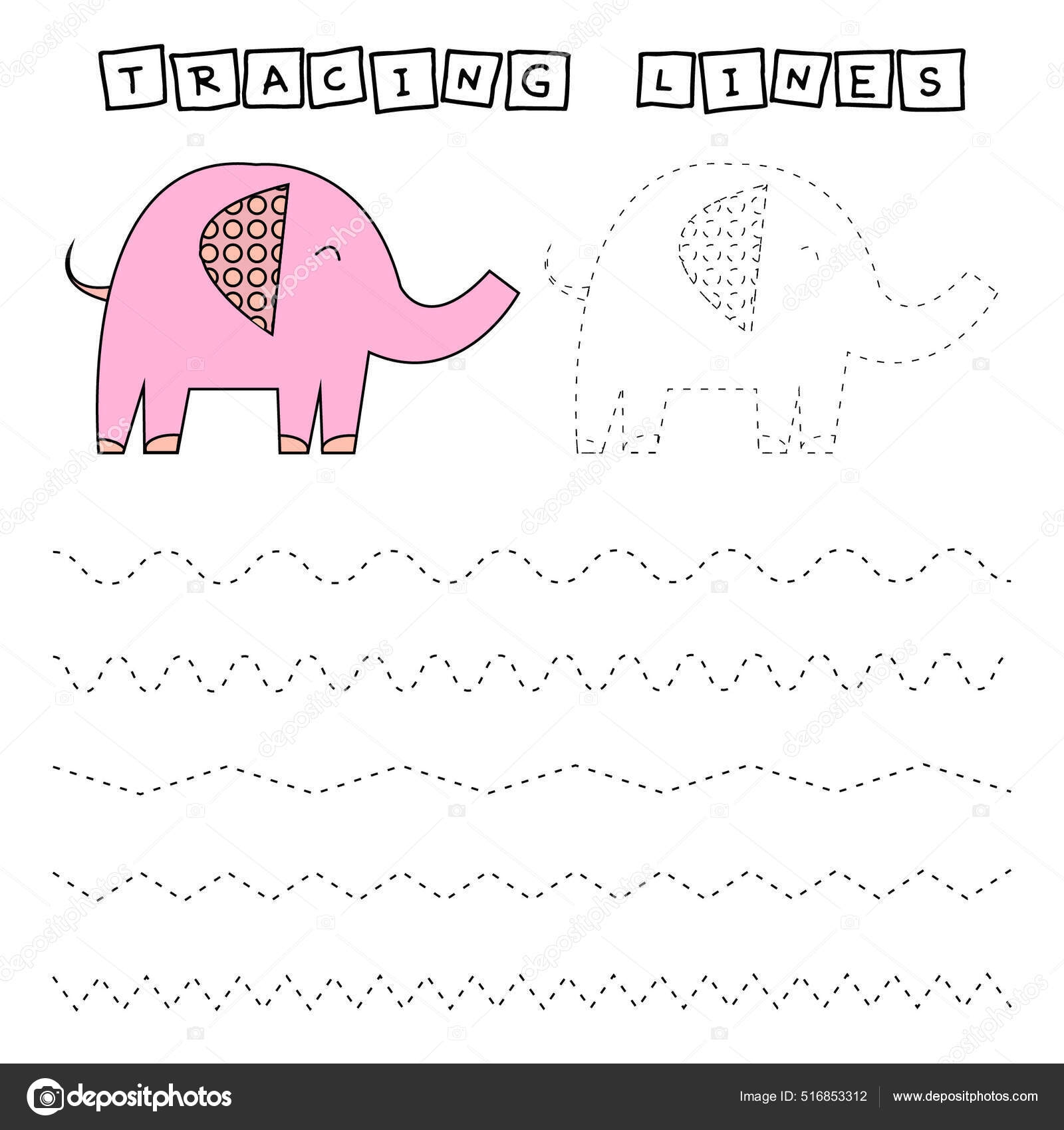 Tracing Lines Game Funny Elephants Worksheet Preschool Kids Kids Activity Stock Photo Everyonensk 516853312