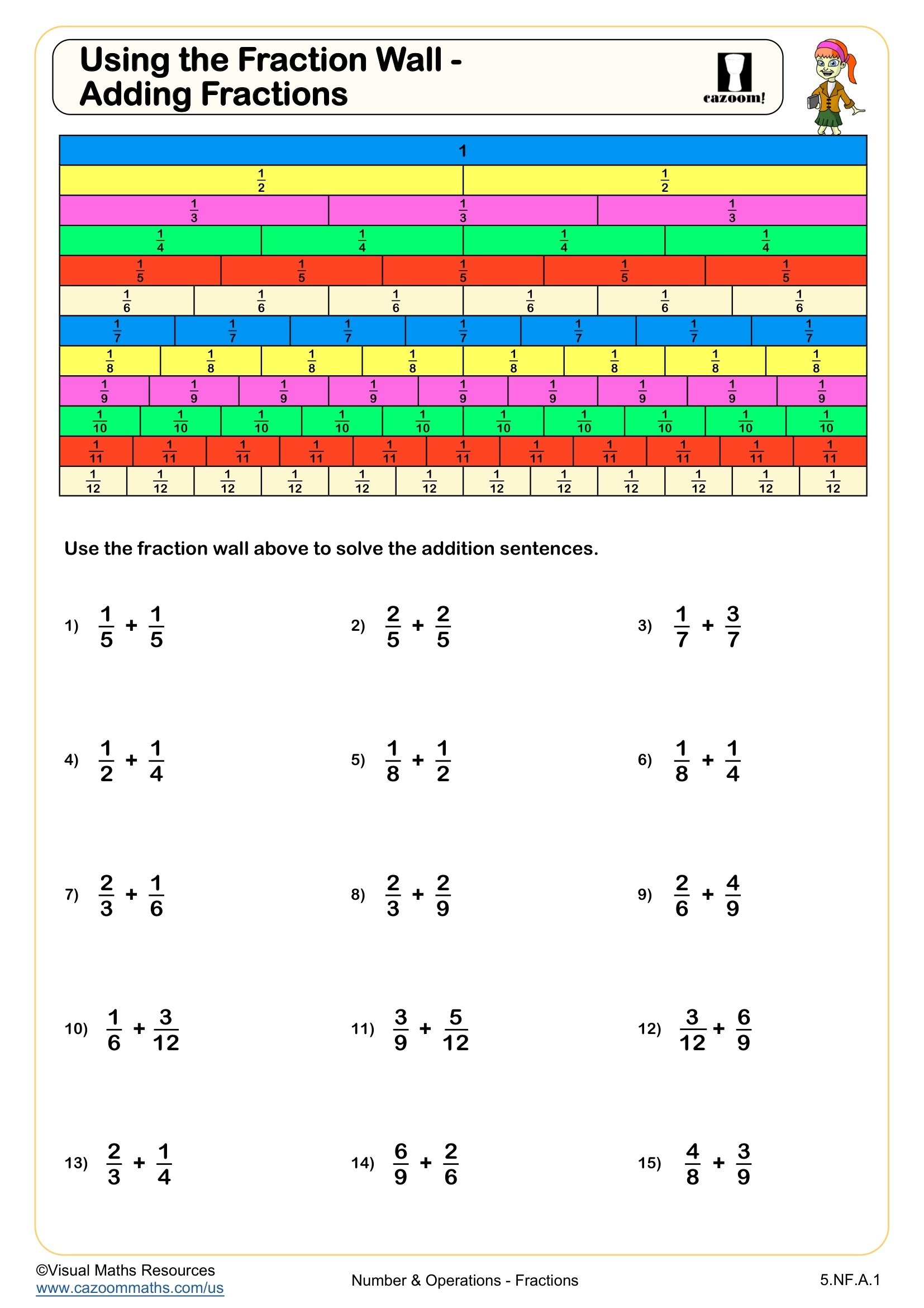 Using A Fraction Wall Adding Fractions Worksheet Fun And Engaging 5th Grade Number U0026 Operations Worksheet Using A Fraction Wall Adding Fractions Worksheet Fun And Engaging 5th Grade Number U0026 Operations Worksheet