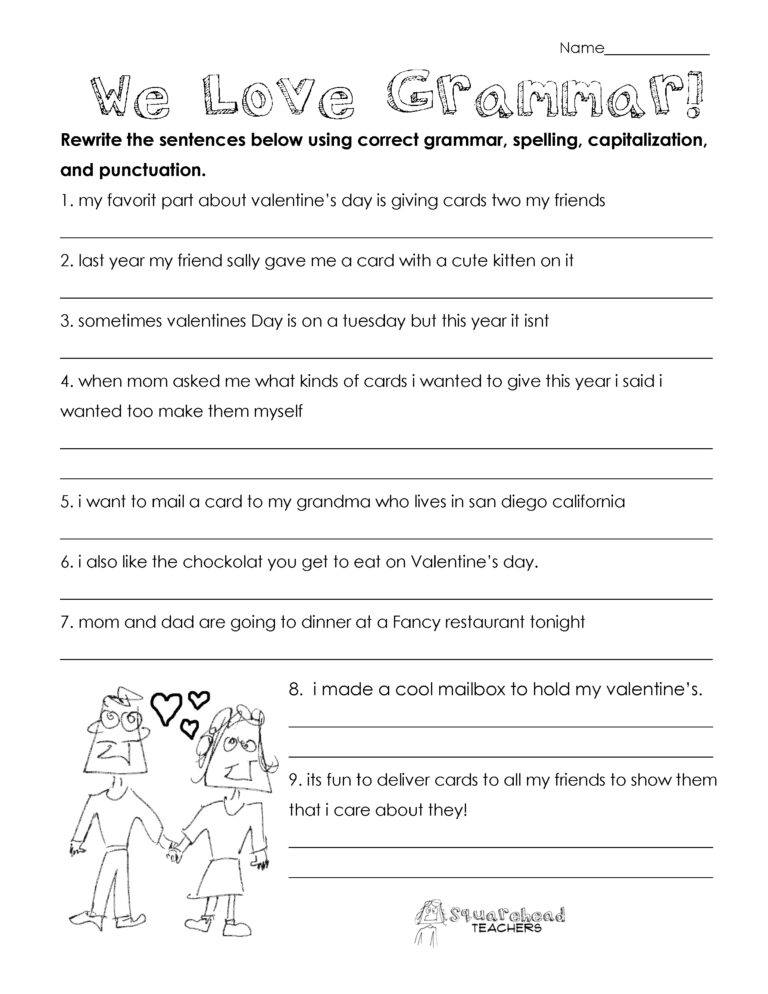 Valentine s Day Grammar free Worksheet For 3rd Grade And Up Squarehead Teachers