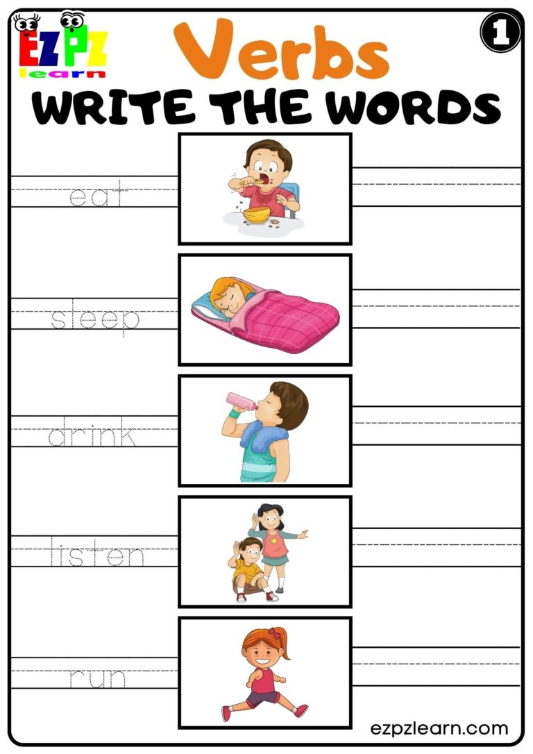 Verbs Write The Words Worksheet For ESL And Home Schooling Kindergarten Set 1 Free PDF Download Ezpzlearn