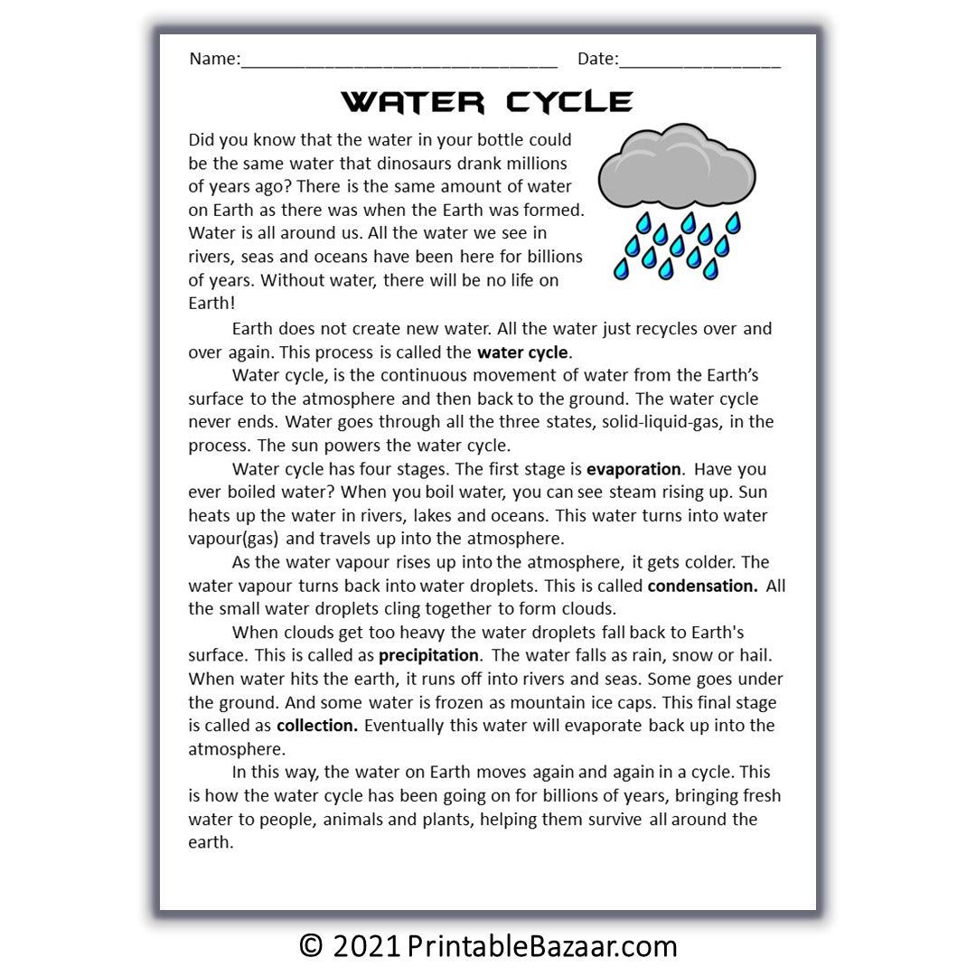 Water Cycle Reading Comprehension Passage And Questions Worksheets Library