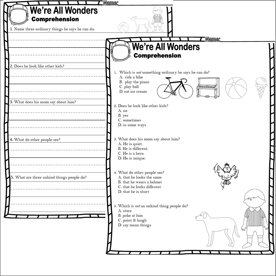 We re All Wonders Book Companion Reading Comprehension Worksheets Made By Teachers