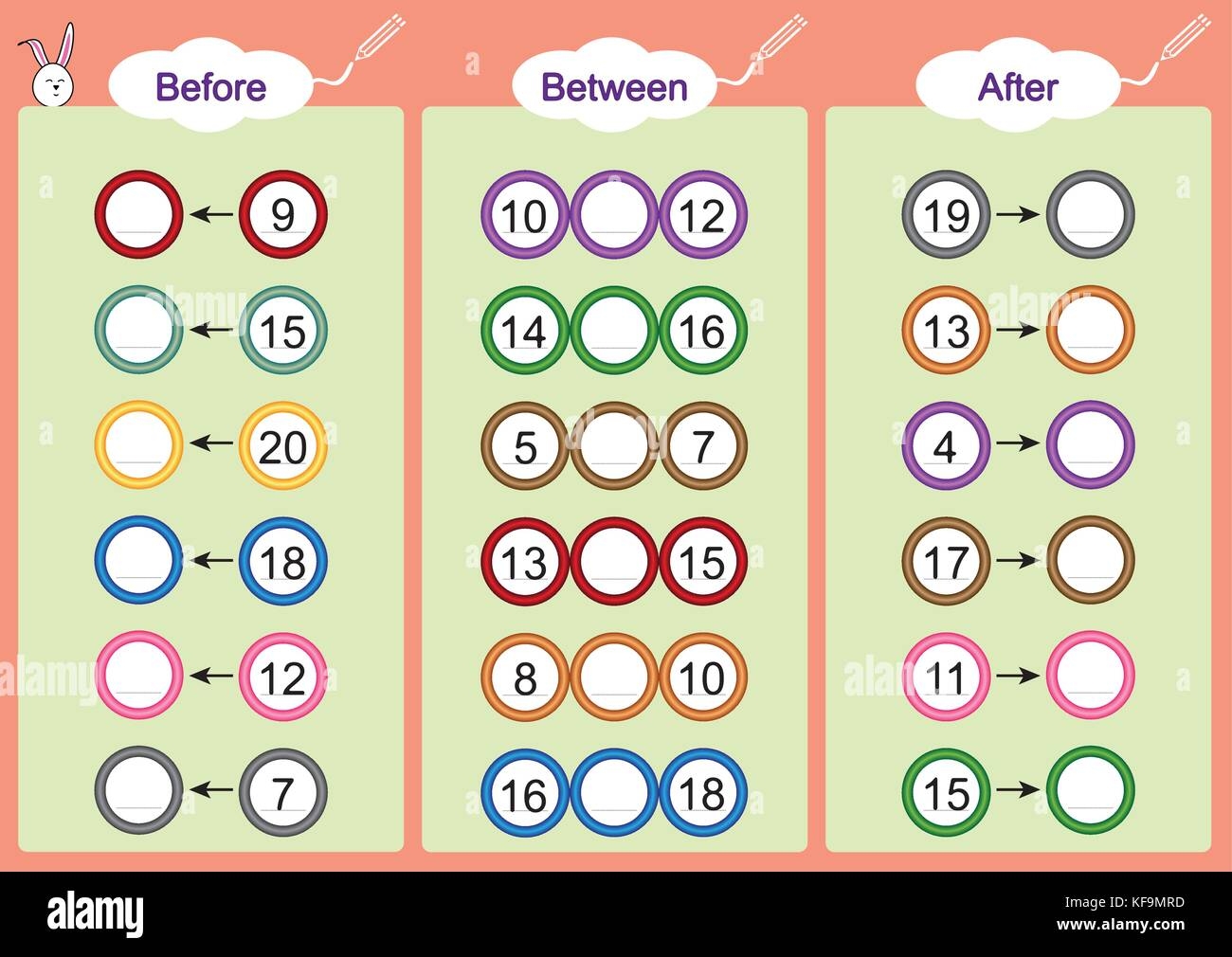 What Comes Before Between And After Math Worksheets For Kids Stock Vector Image U0026 Art Alamy