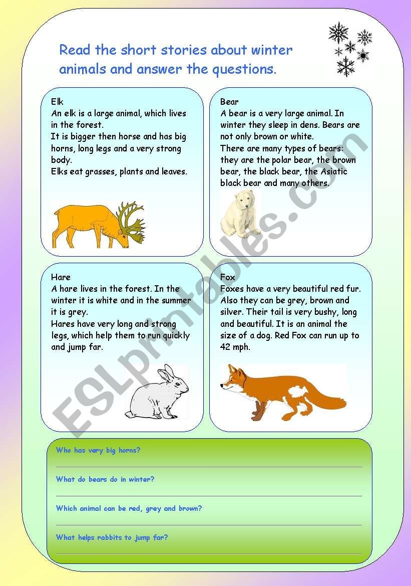 Winter Animals Reading Comprehension ESL Worksheet By Englishspb