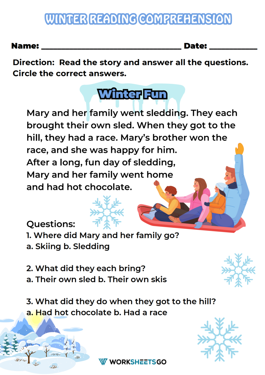 Winter Reading Comprehension Worksheets WorksheetsGO