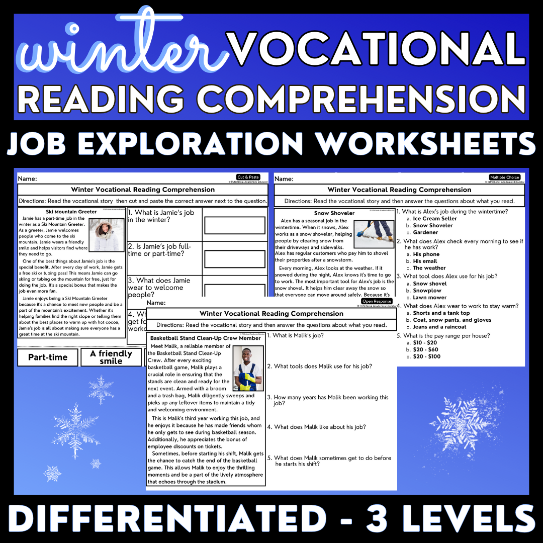 Winter Vocational Reading Comprehension Worksheets Job 