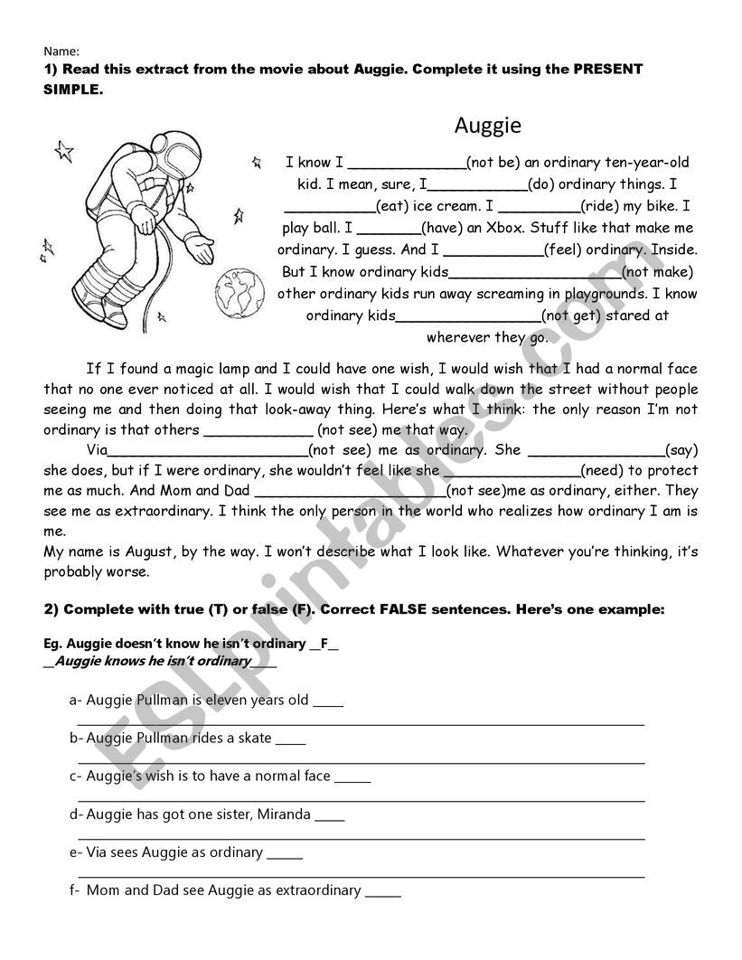 Wonder Movie reading Activity ESL Worksheet By AndyBalbi