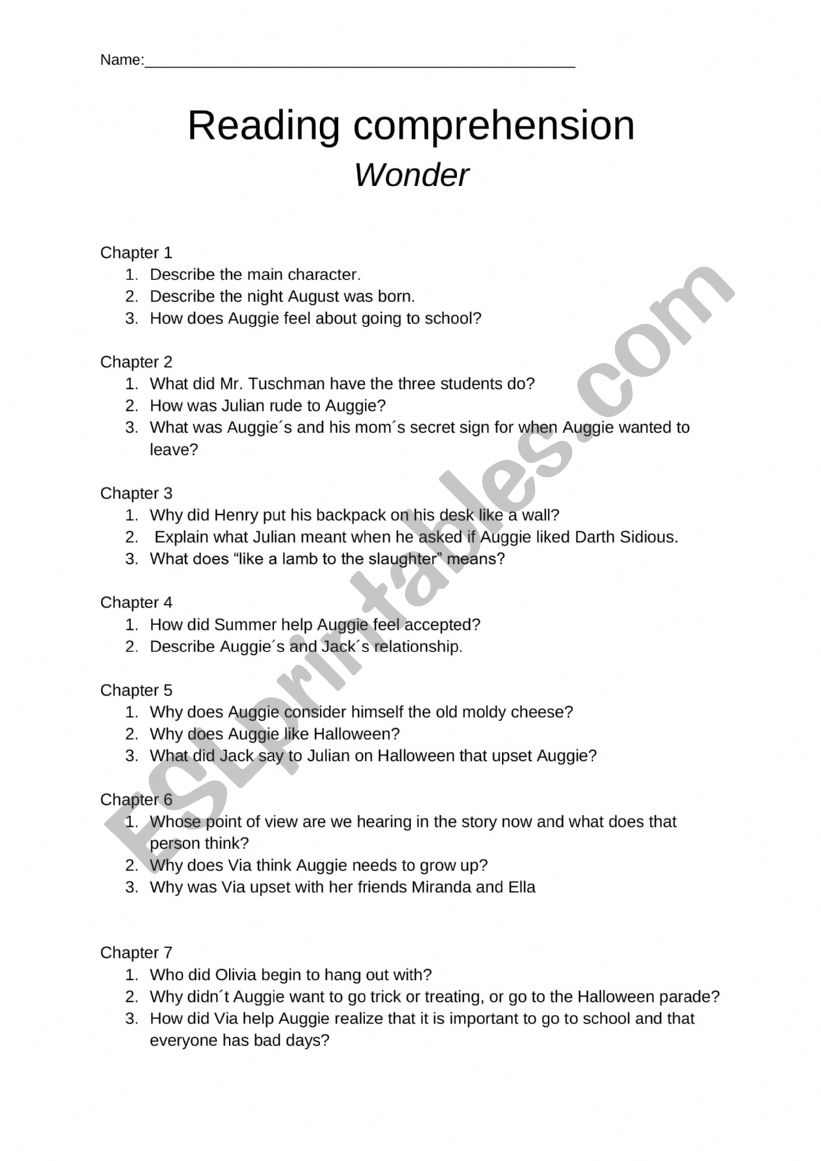 Wonder Reading Comprehension ESL Worksheet By Oneesan