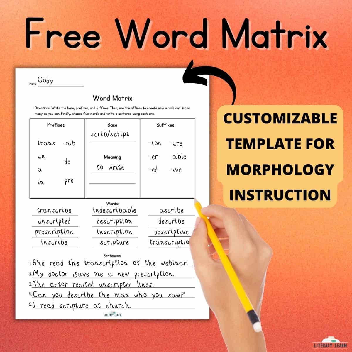 Word Matrix Free Customizable Template Literacy Learn