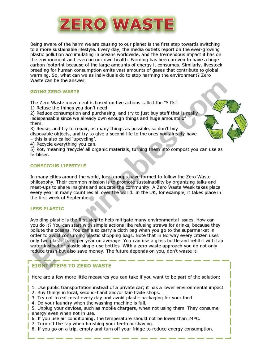 Zero Waste ESL Worksheet By Ssindy94