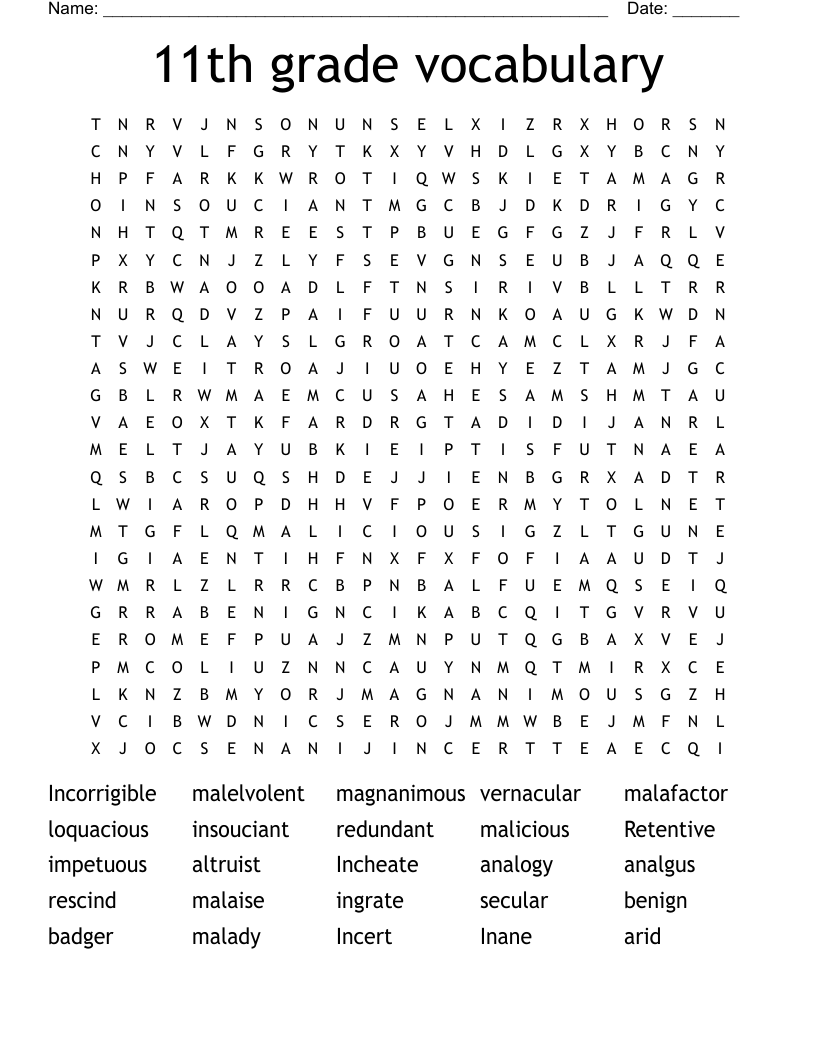 11th Grade Vocabulary Word Search WordMint