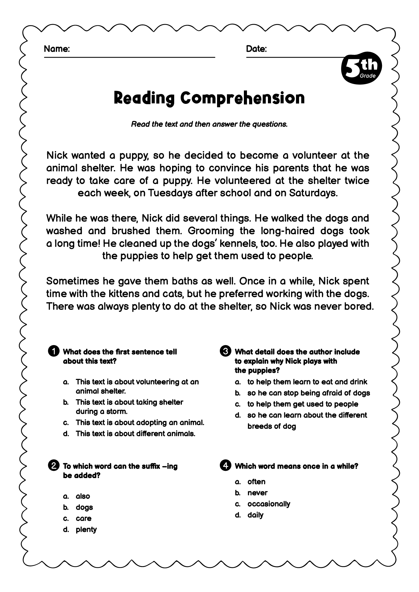 Free Worksheets Reading Comprehension 5th Grade