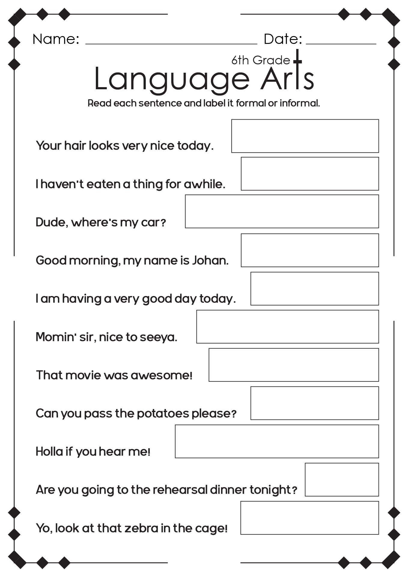 Free 6th Grade Language Worksheets