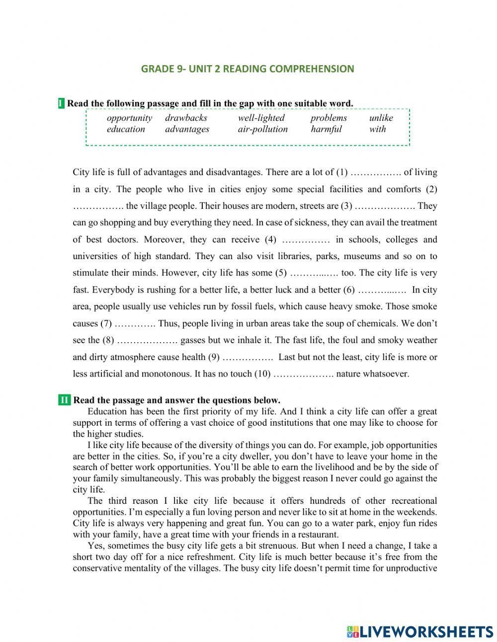 1316582 Grade 9 City Life Reading Comprehension 