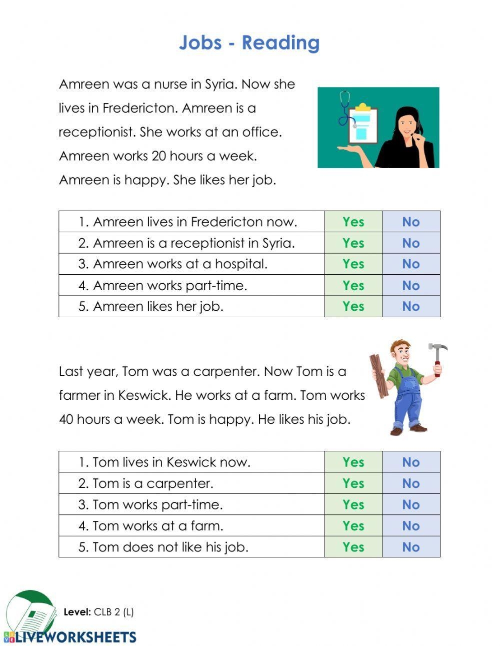 Esl Reading Comprehension Worksheets Jobs