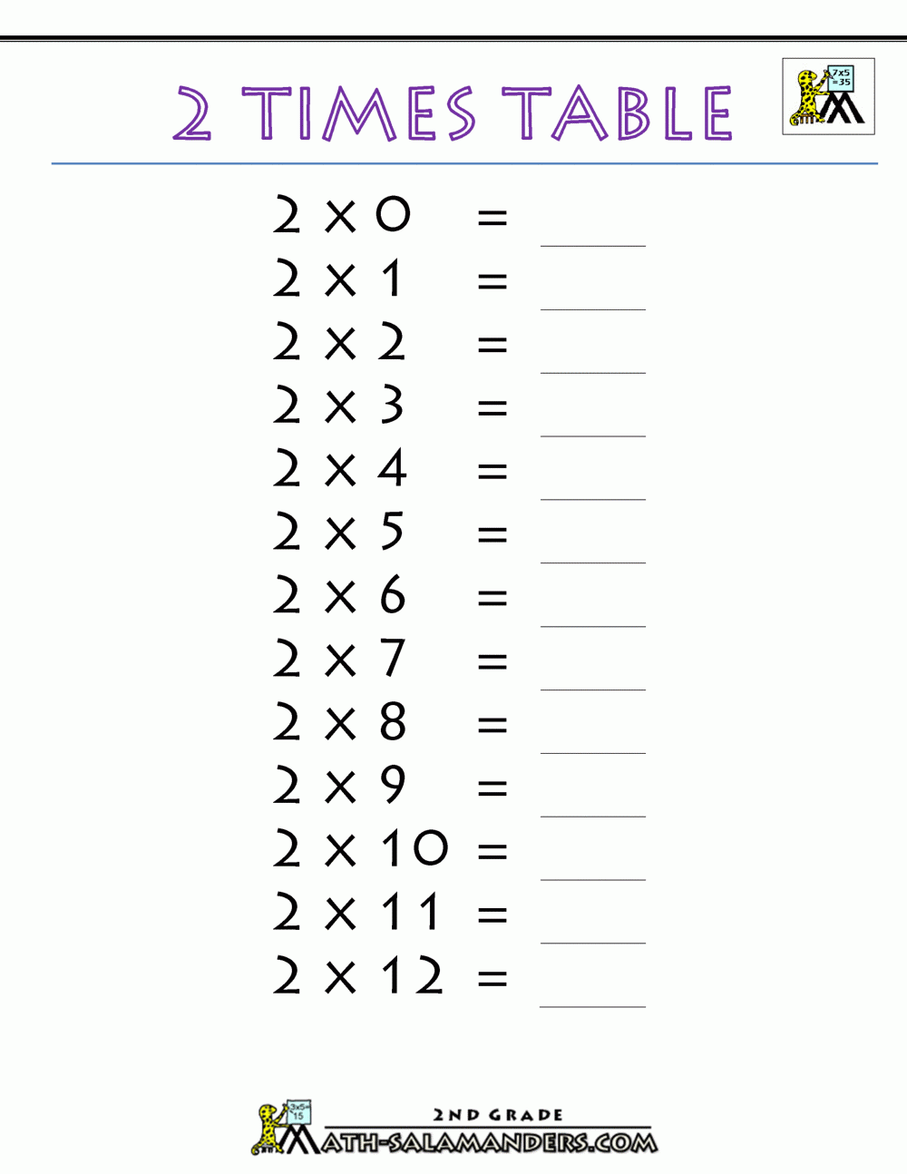 2 Times Table Printable Worksheets