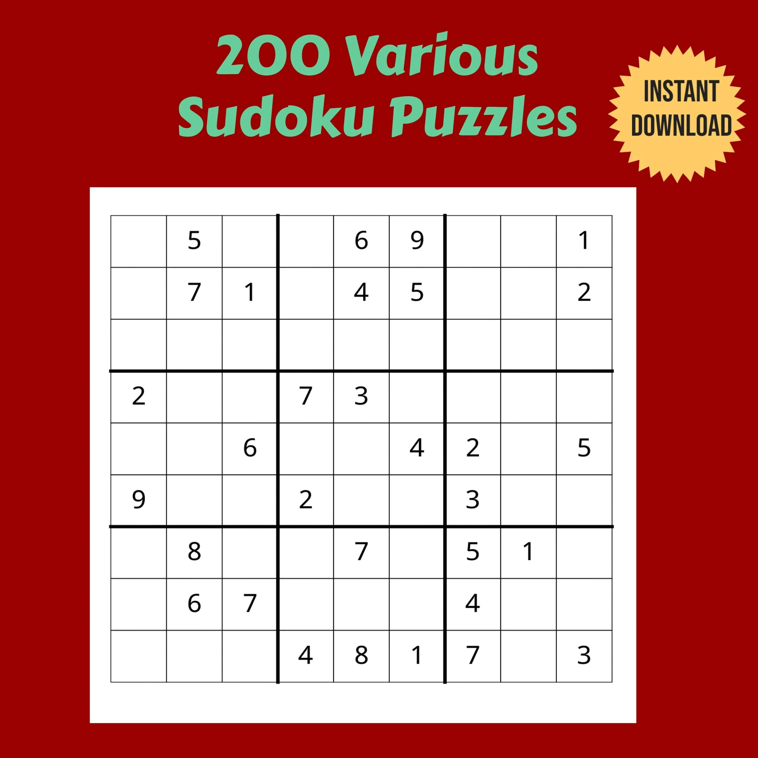 200 Variety Of Printable Sudoku Puzzles Easy Medium And Hard Etsy