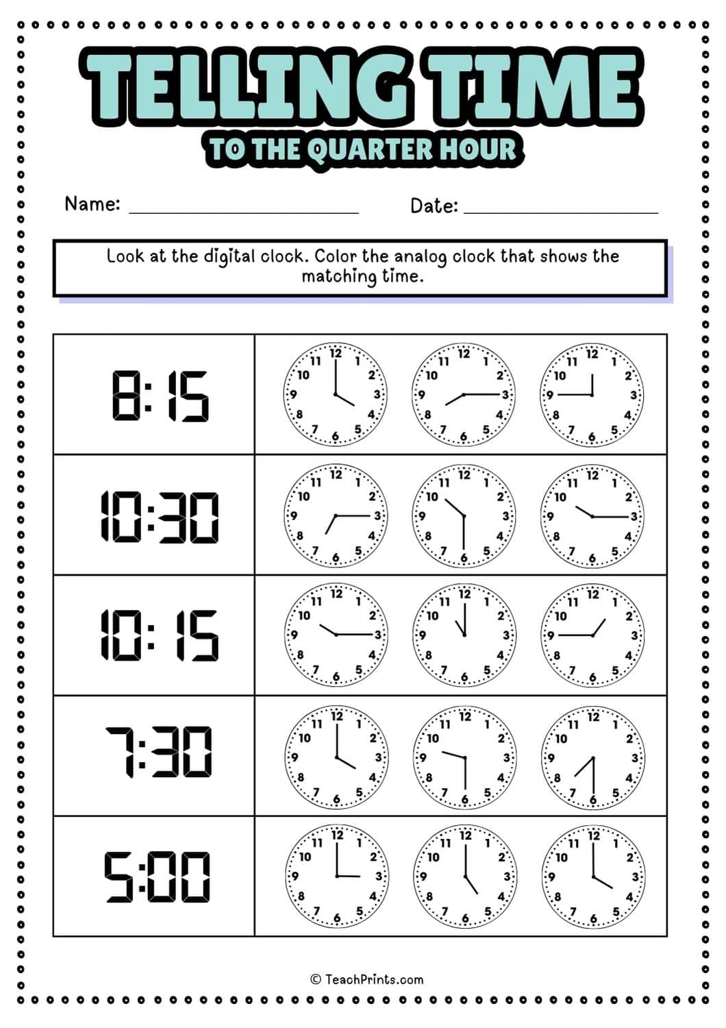 Free Printable Clocks Worksheets
