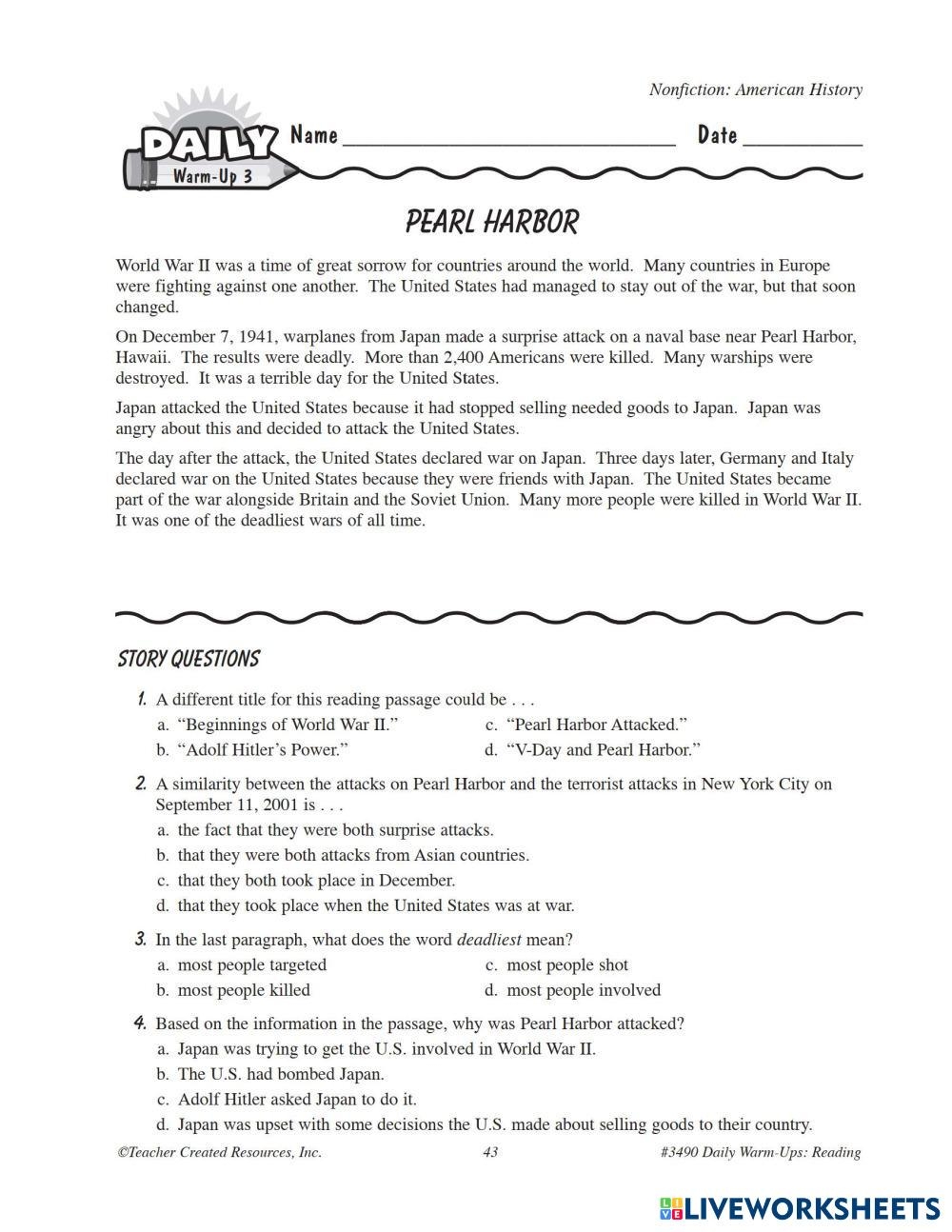 Pearl Harbor Day Reading Comprehension Worksheets
