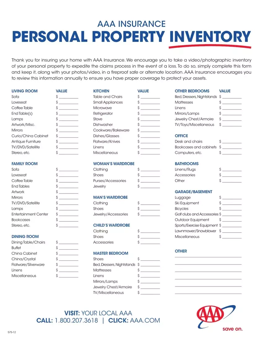 Aaa Property Loss Worksheet Fill Out Printable PDF Forms