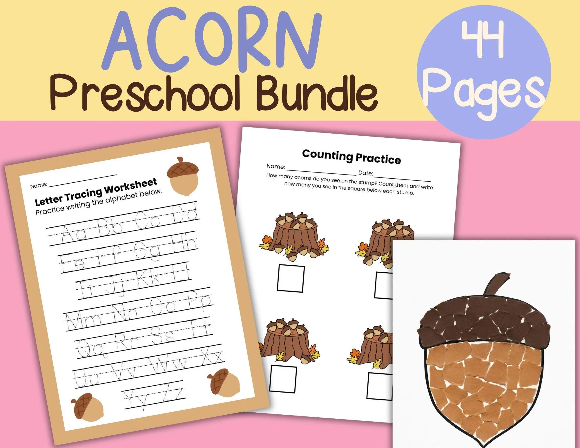 Acorn Preschool Activity Pack Letter A Crafts Counting PDF Download Etsy